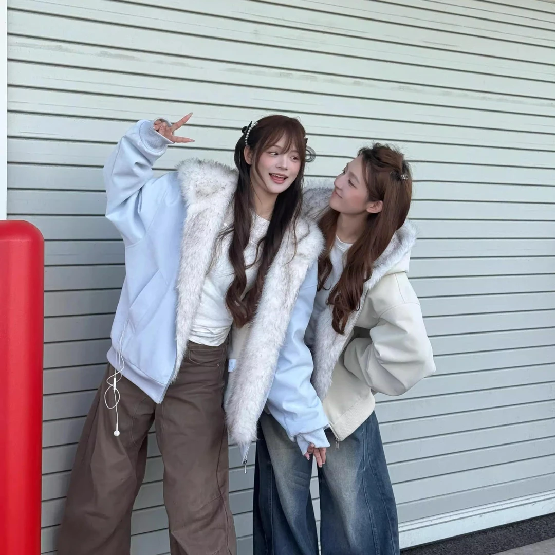 美式皮面冬季连帽毛毛座山雕棉服连帽保暖冬季情侣上衣男女潮棉衣