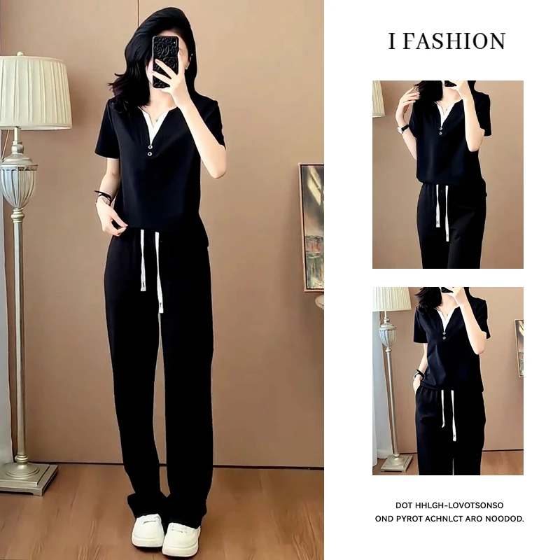 小个子韩系时尚套装女2025年夏季新款拼色V领短袖阔腿长裤两件套