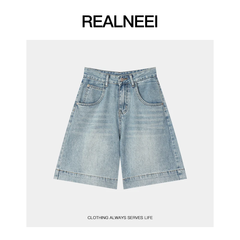 REALNEEI【加州蓝调】休闲棉感水洗蓝直筒基础百搭五分牛仔裤8XN07