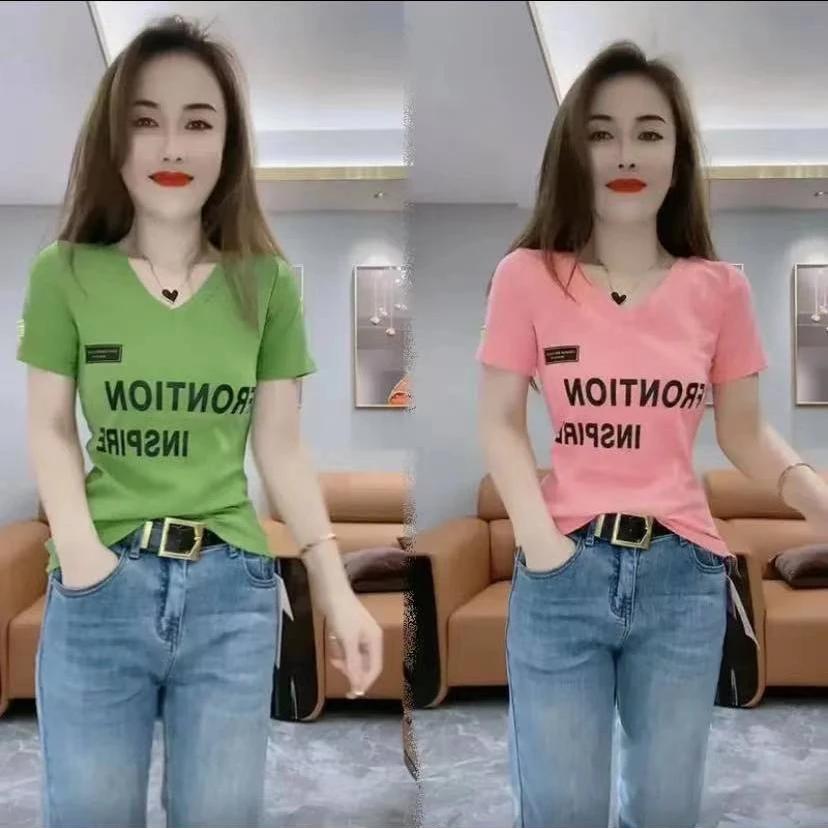 印花短袖字母V领吸汗修身型T恤百搭夏季修身韩版宽松洋气气质