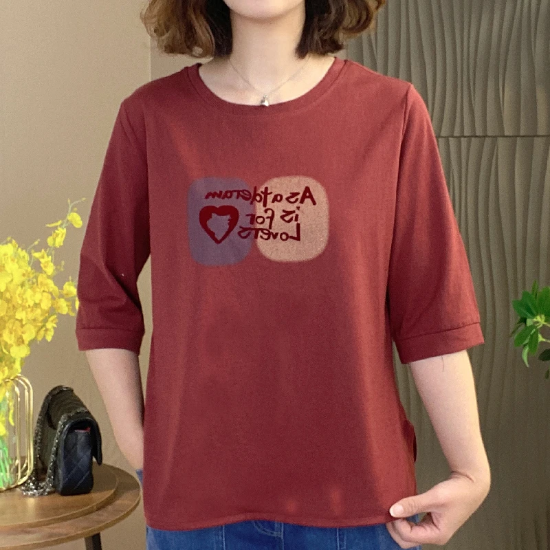 2025初夏女装七分袖棉质T恤印花中袖上衣妈妈装