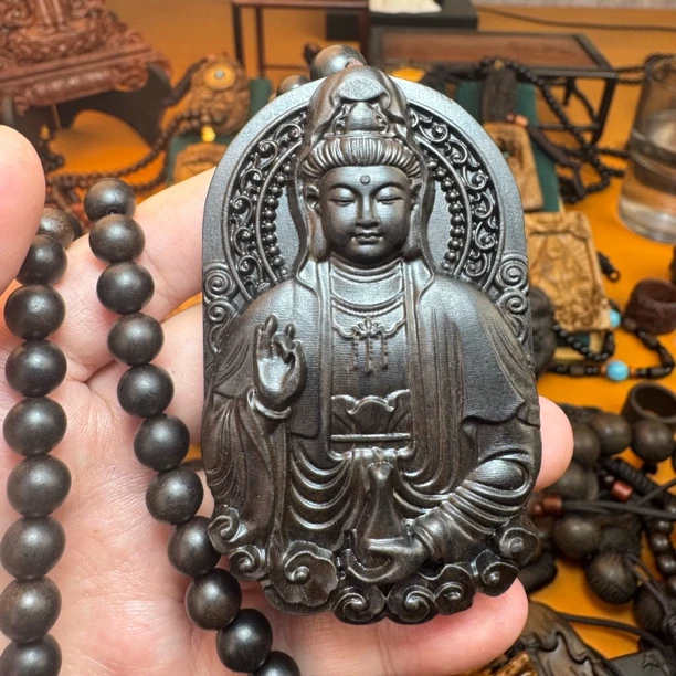 沉香木雕木雕木雕5/8半身观音-0.8印尼木雕双面精工雕刻挂件