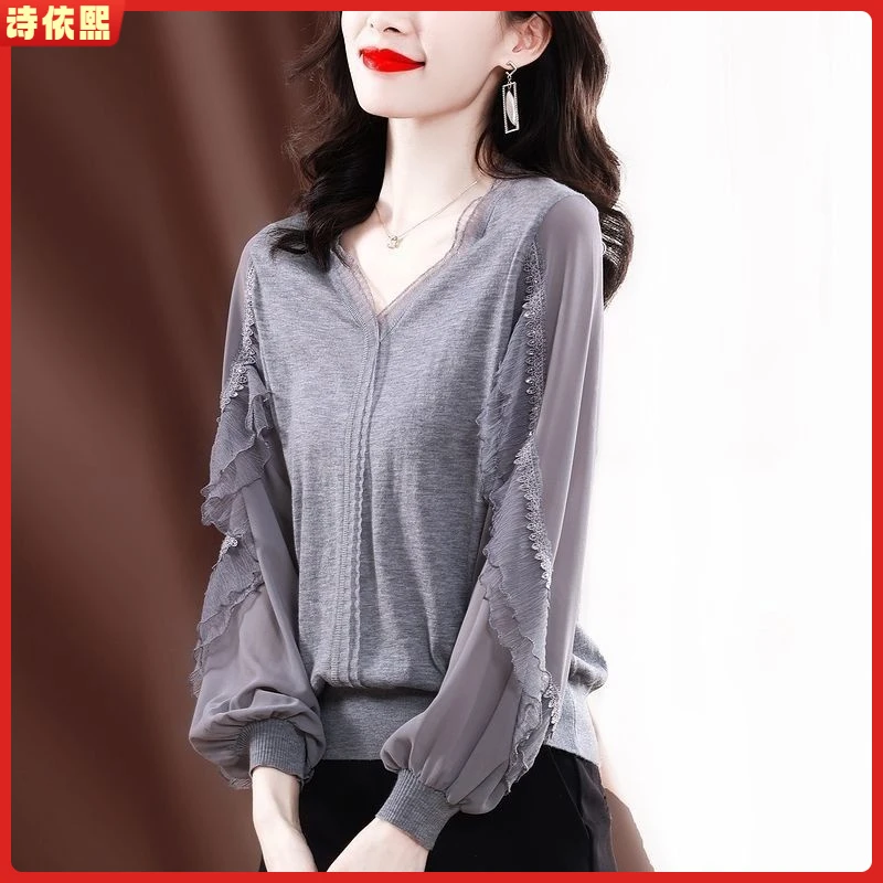 1衫2025春秋新款时尚洋气长袖V领拼接荷叶边气质套头上衣l