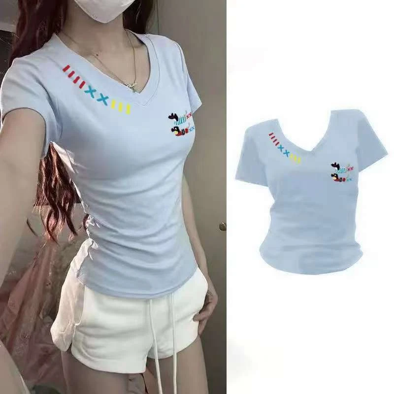 【ZHAP】印花V领常规修身型圆领短袖T恤设计感显瘦高腰短款休闲百搭