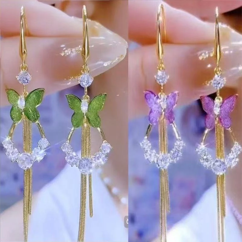 合金耳饰 新款蝴蝶流苏耳环女超仙时尚百搭长款耳饰精致气质耳坠