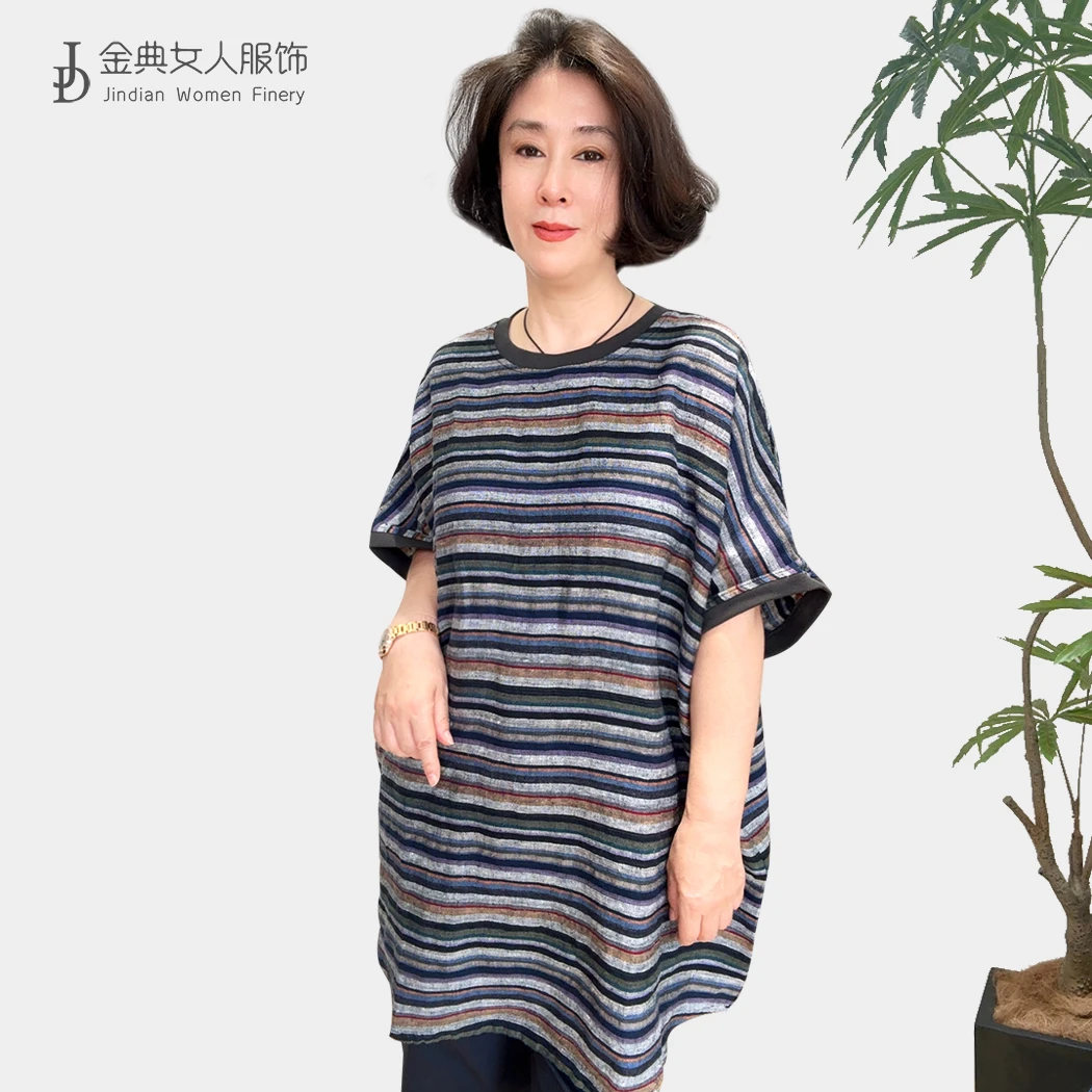 夏季文艺复古撞色亚麻条纹裙衫    中年妈妈时尚圆领显瘦上衣S086