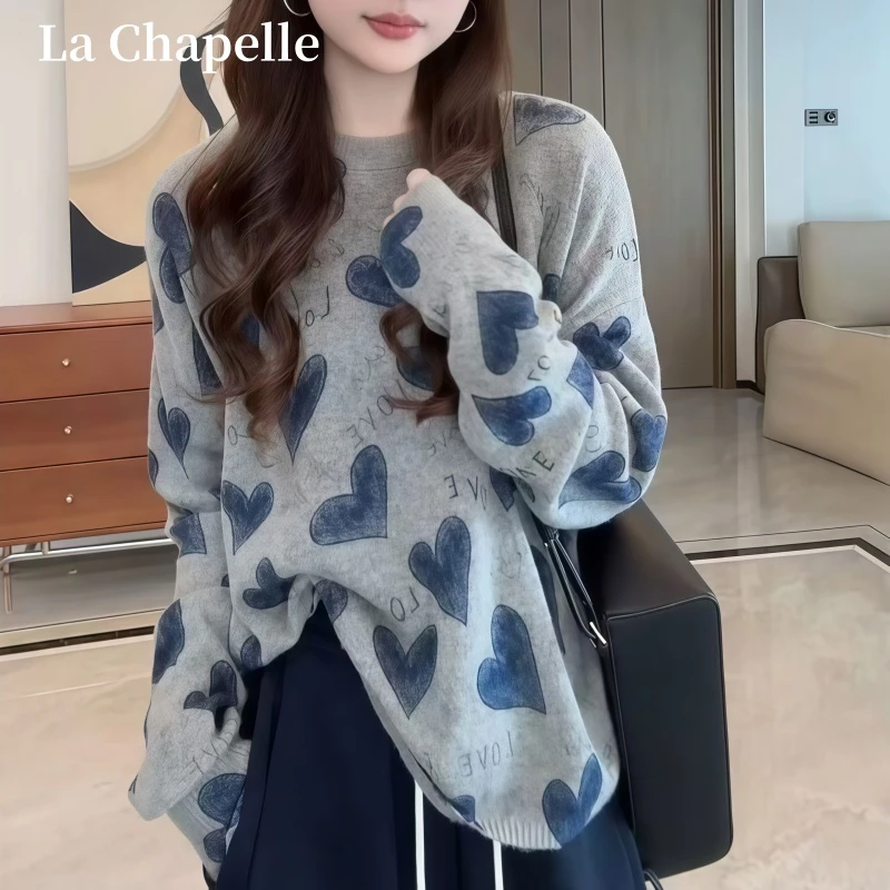 拉夏贝尔秋冬法式洋气针织衫女宽松慵懒风爱心字母小众设计感上衣