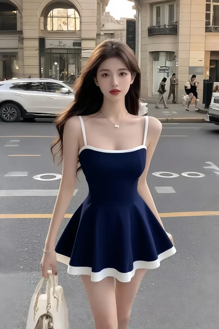 藏青色性感气质辣妹时尚小众设计感修身显瘦连衣裙小清新夏季甜美