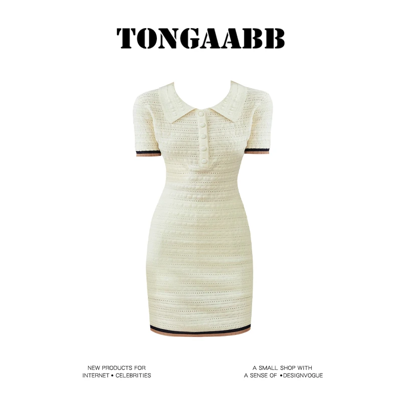 TONGAABB《精致ion》夏季小香风Polo领短袖针织连衣裙女收腰显瘦