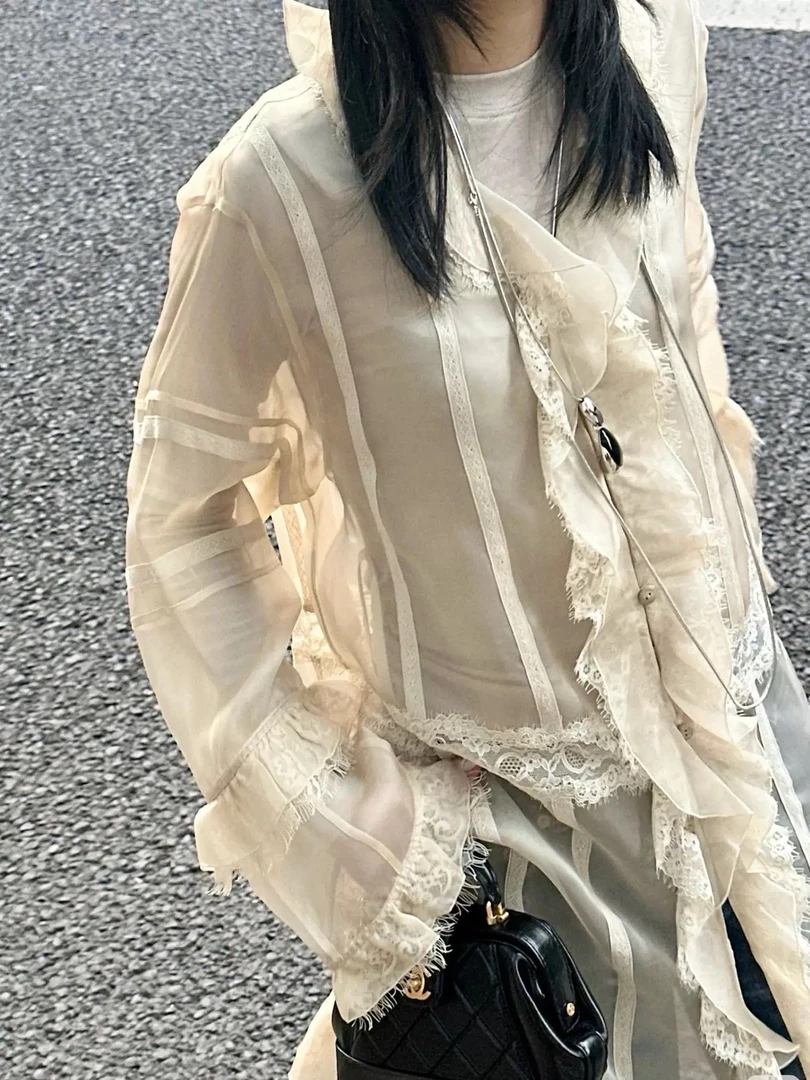 2025早春设计师款桑蚕丝叠穿气质网纱透明荷叶边衬衫连衣裙女