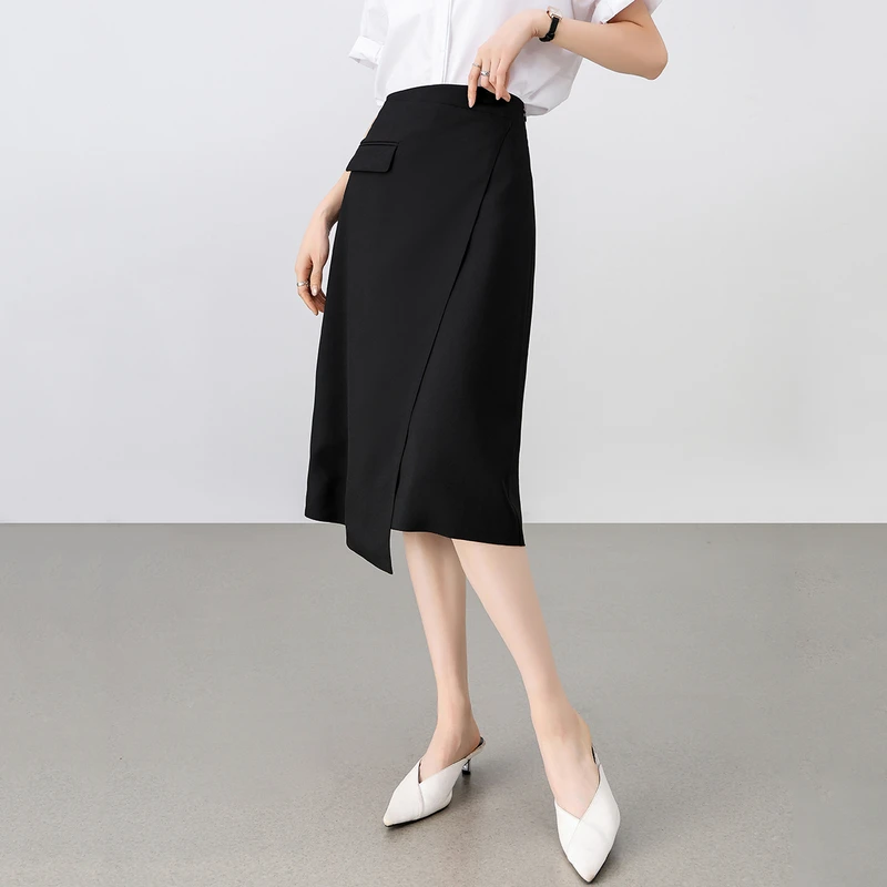尚都比拉黑色半身裙女夏季2025新款都市职场通勤面试不规则斜半裙