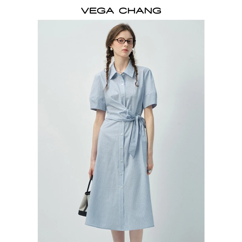 VEGA CHANG衬衫连衣裙女气质格纹衬衫领系带收腰裙装V25290739LW