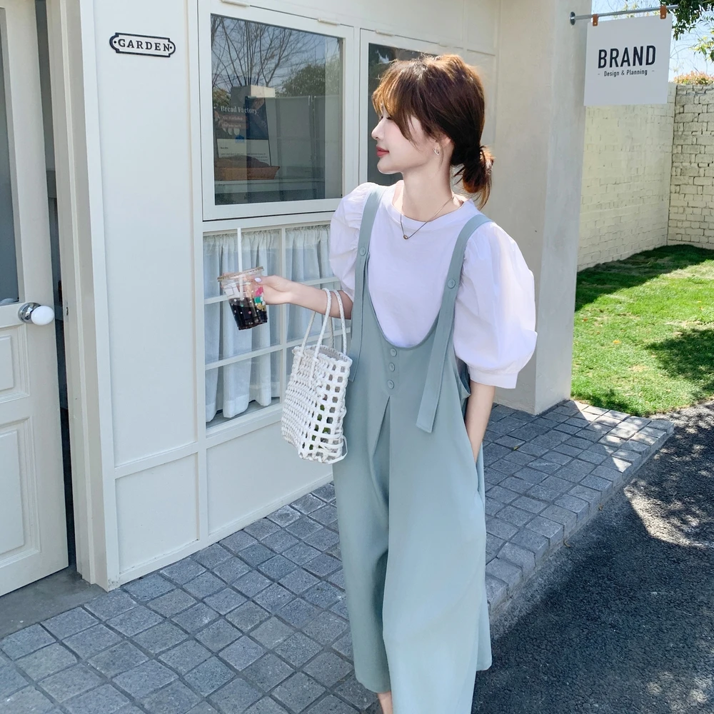 韩系减龄纯色背带裤套装女2025夏新款泡泡袖内搭时尚两件套