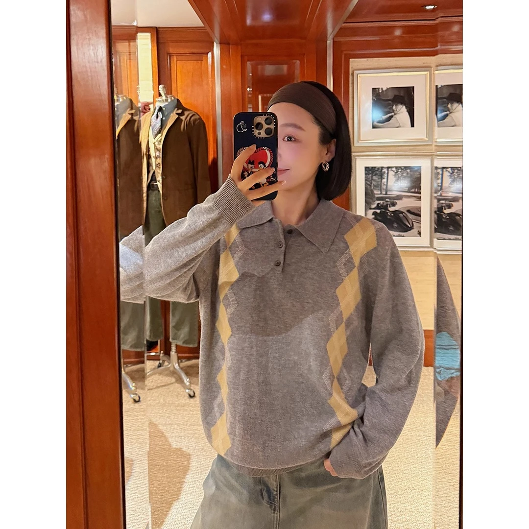 REREK设计师品牌2025早春菱格撞色polo领毛衣