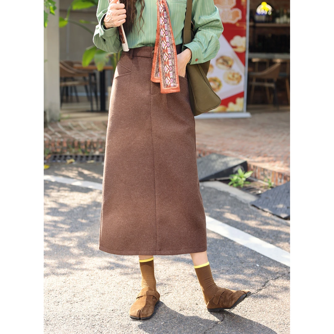 陈大器【琥珀云烟】港风复古纯色高腰百搭中长款半身裙JE070627