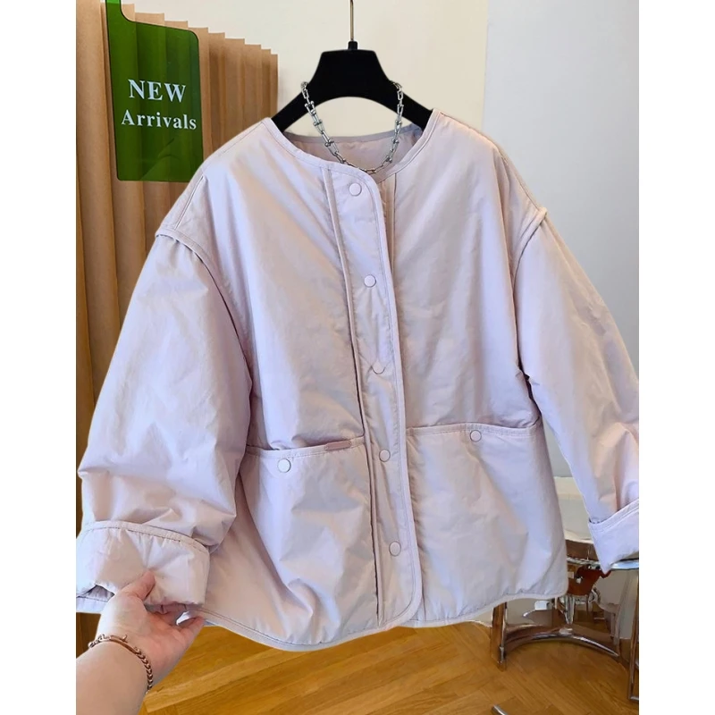 2025冬季新款女士超好看韩版圆领棉衣棉服宽松休闲小个子夹棉外套