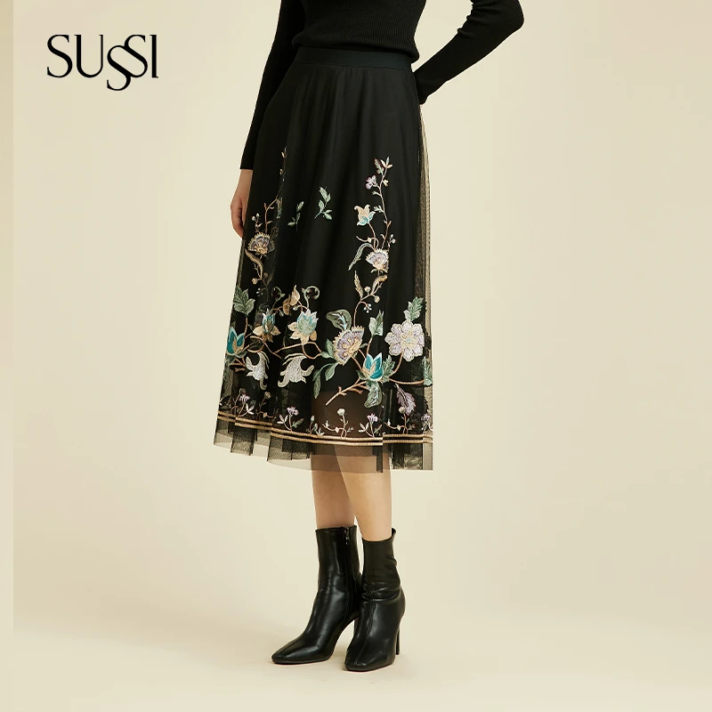 SUSSI/古色25冬季新品商场同款黑色百搭网纱刺绣A字裙半身裙