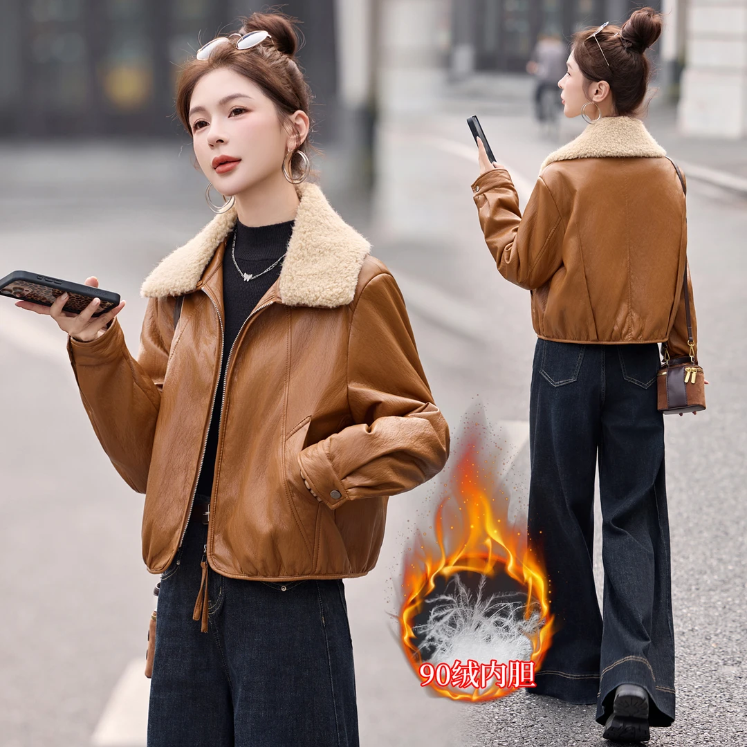 翻领皮衣羽绒服女短款2025冬季新款小个子加厚保暖白鸭绒夹克外套