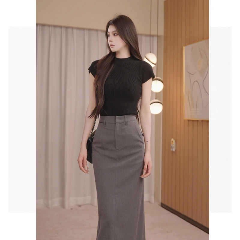 高级感高腰后开叉长款半身裙长裙深灰色设计感通勤裙子X