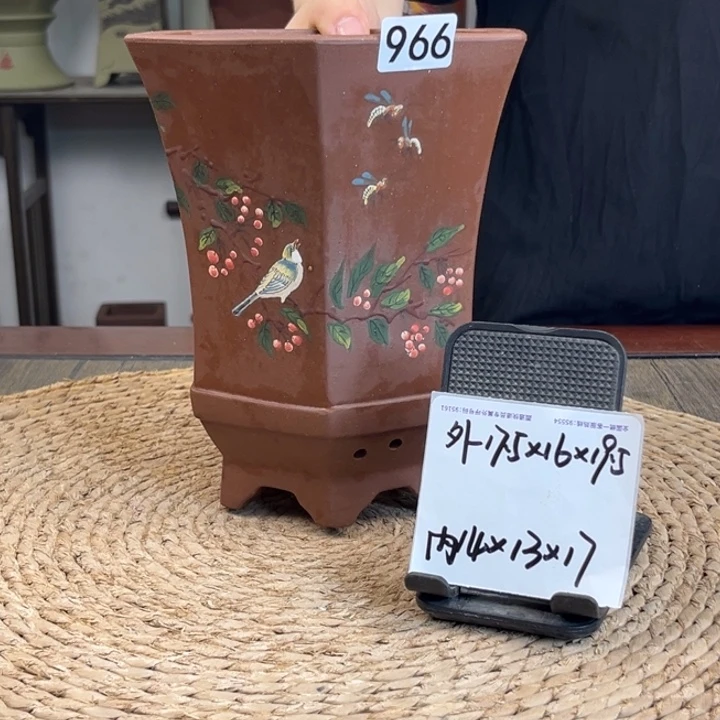 紫砂花盆新品手绘束腰六方966
