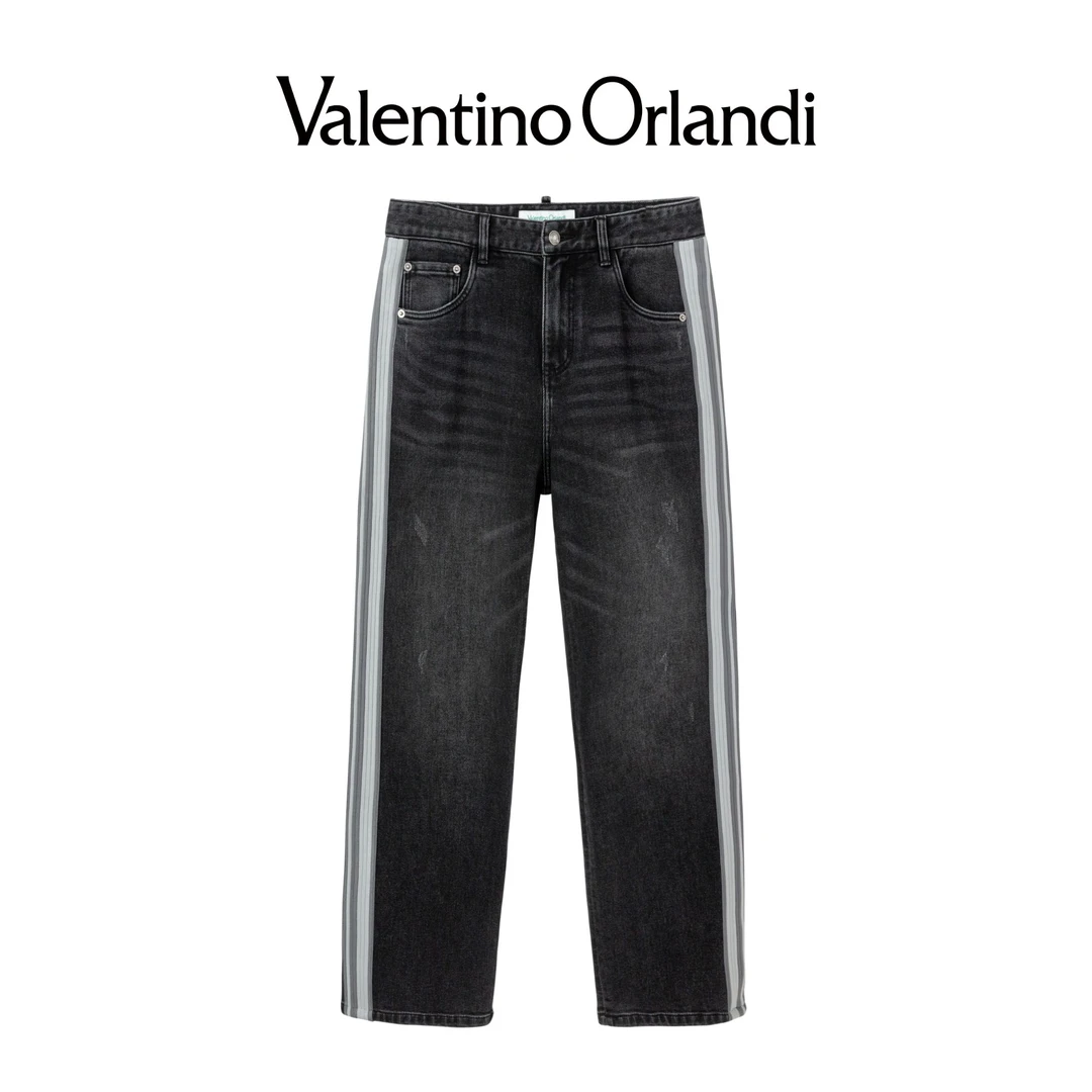 Valentino orlandi男士春秋B版时尚复古百搭撞色条纹直筒牛仔裤