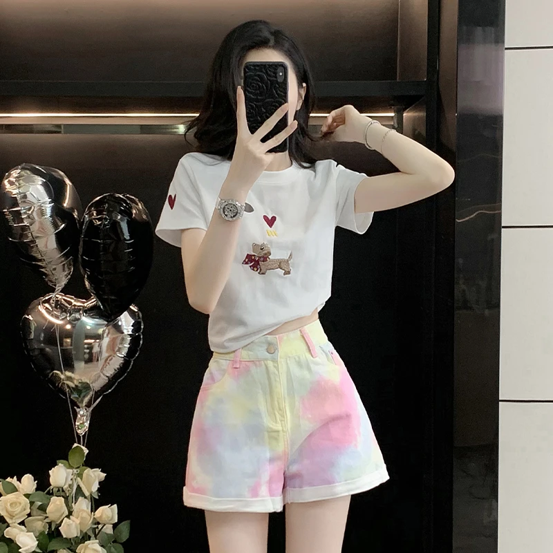 小个子穿搭休闲女夏季时尚减龄洋气短袖T恤扎染牛仔短裤两件套