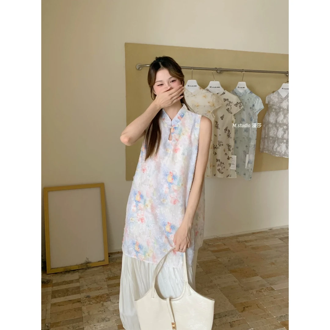 新中式轻国风晕染盘扣无袖背心连衣裙女夏季宽松温柔裙子
