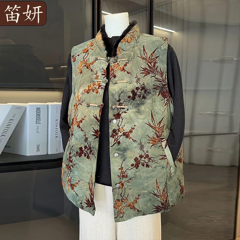 国风中老年人白鸭绒羽绒服马夹新中式妈妈冬装坎肩背心奶奶上衣服
