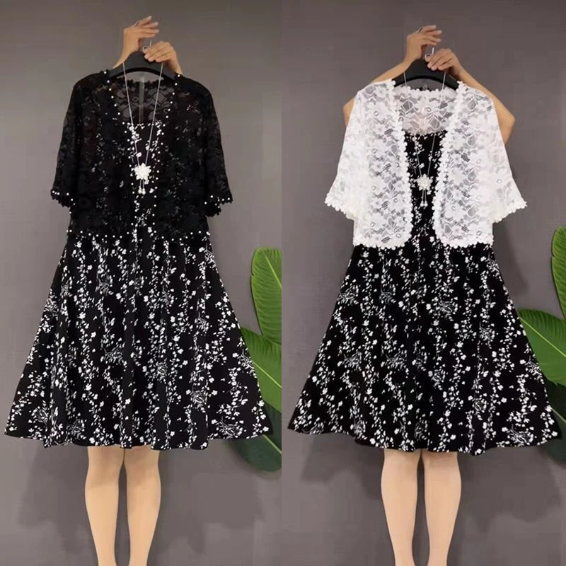 2024夏季大码胖妹妹夏季短袖连衣裙吊带打底连衣裙遮肚气质两件套