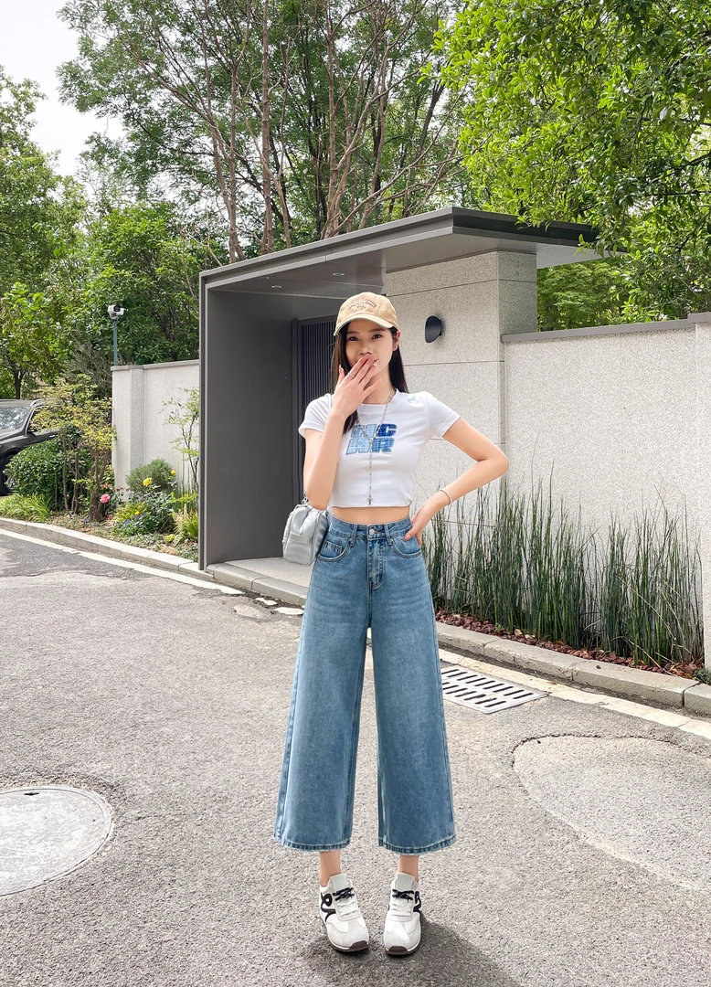 夏季八分直筒裤牛仔阔腿显瘦显高小个子时尚透气2025年阔腿新款