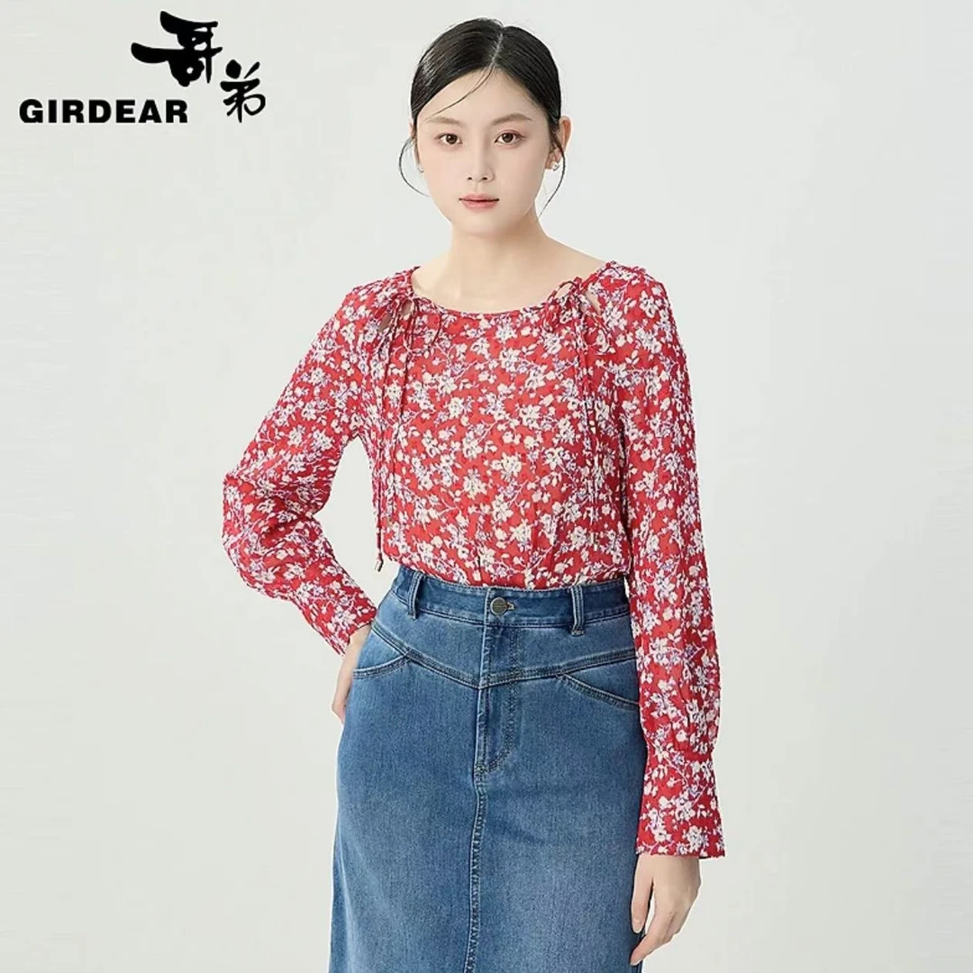 哥弟品质女装经典百搭舒适通勤复古浪漫碎花长袖衬衫130012