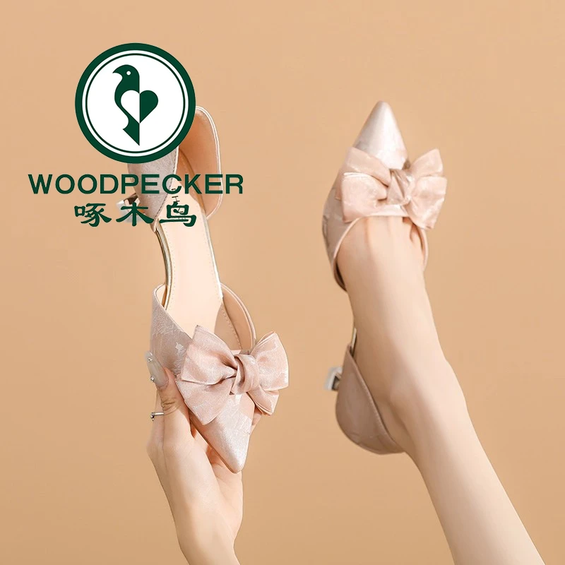 啄木鸟蝴蝶结包头凉鞋女款2025年新款夏季外穿气质国风仙女高跟鞋