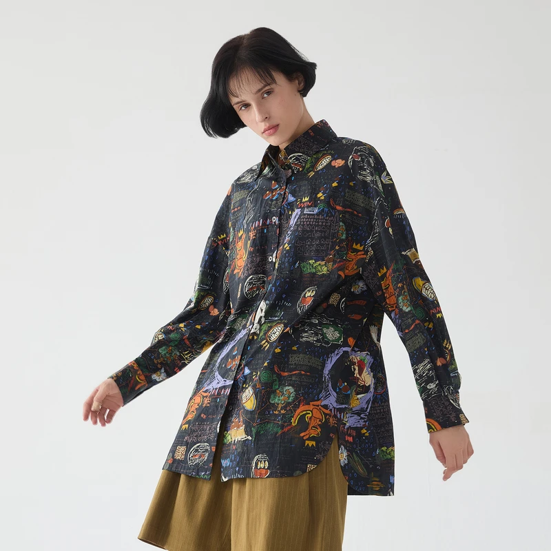 谜底大廓形衬衫长袖女2025春新款复古风花色中长款衬衣255MC3014