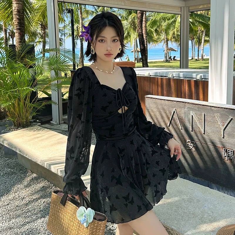 泳衣女高级感性感纯欲防晒长袖连体裙式微胖大码显瘦遮肚温泉度假