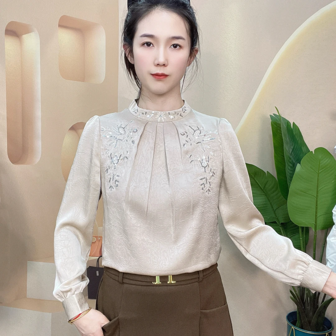 2025春季新款衬衫女气质百搭长袖高级感刺绣亮片衬衣洋气减龄上衣
