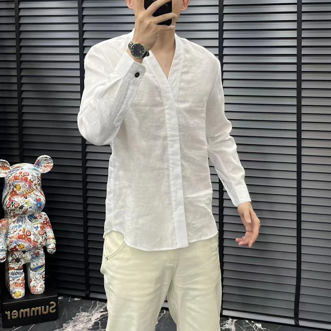 2025夏季男士简约大气老钱风长袖设计师网红时尚百搭纯色亚麻T恤