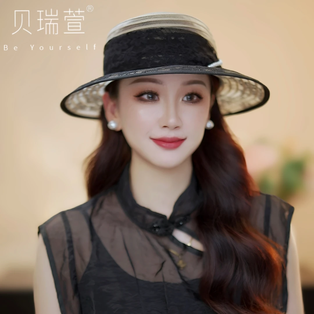 1696夏季气质时尚名媛蕾丝休闲百搭大檐平顶帽女式帽子