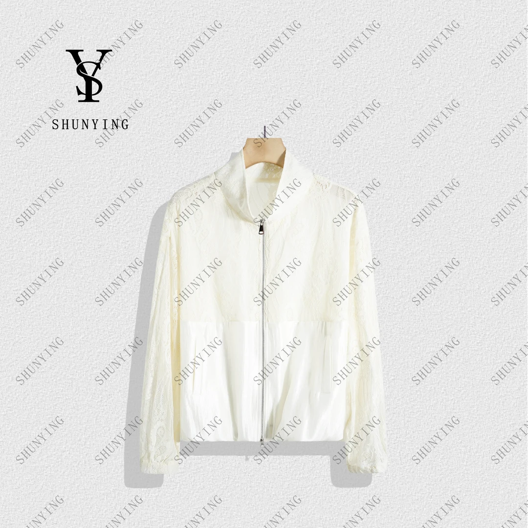 【顺瀛】柔软质感~时尚拼接蕾丝立领拉链长袖短款外套SY71WT7182