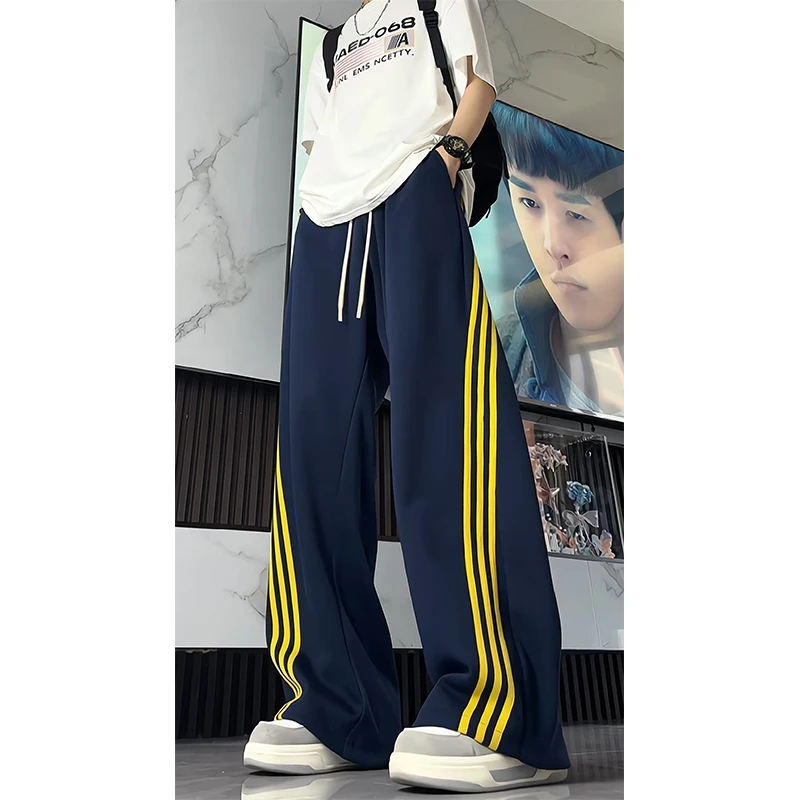 美式潮流三条杠休闲裤男款宽松百搭垂坠慵懒风阔腿运动裤简约长裤