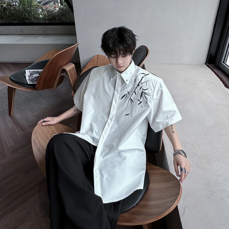 H2135竹叶印花铆钉领子短袖衬衫时尚潮流穿搭造型设计上衣