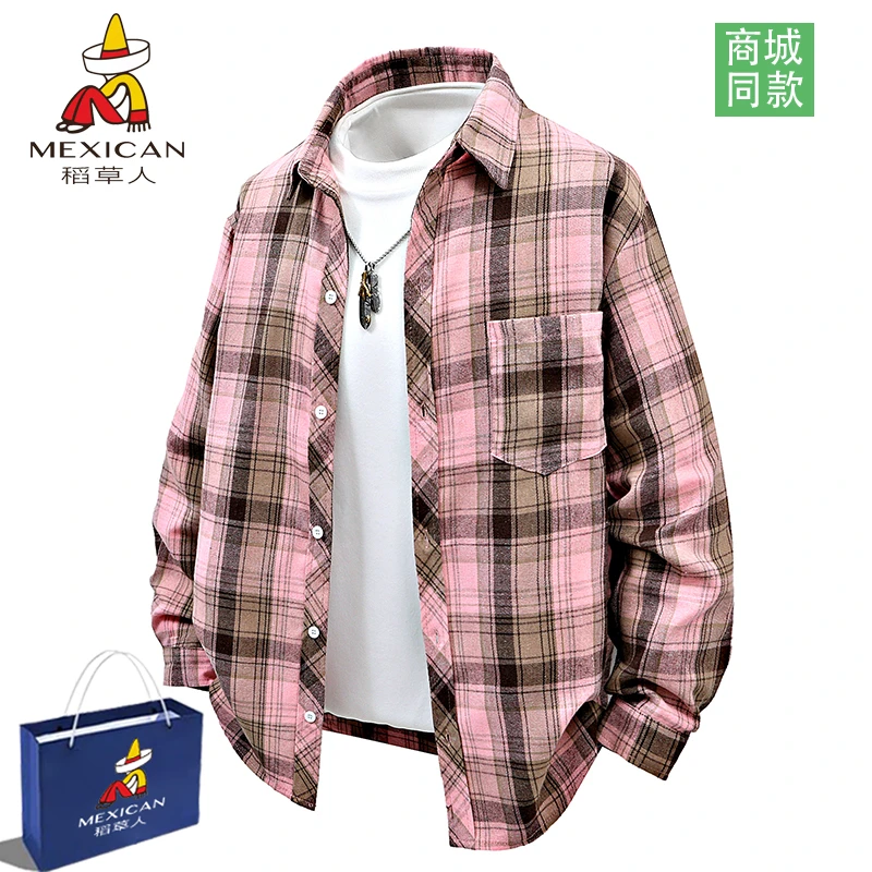 稻草人秋季男女同款日常休闲百搭拼色潮流韩版衬衫衬衣外套男款