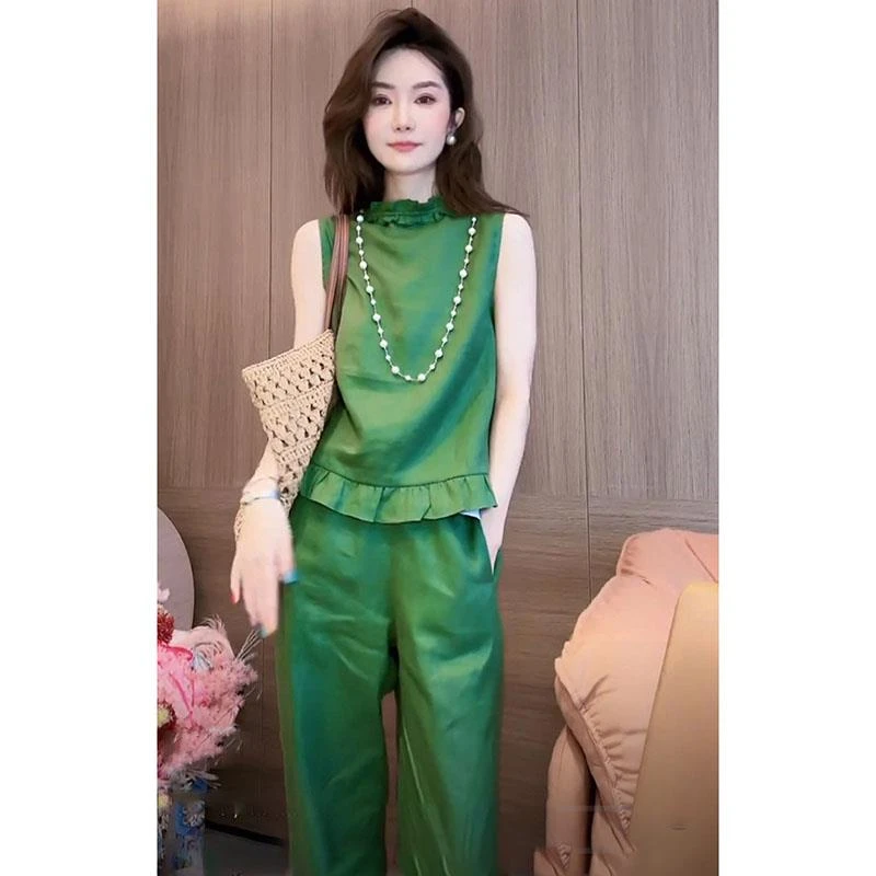 夏装搭配一整套又a又飒盐系炸街高级感超好看绿色亚麻棉麻套装裤