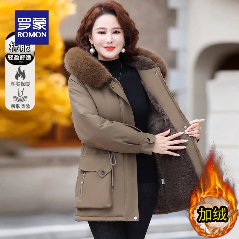 罗蒙妈妈冬装派克服加绒外套时尚棉袄新款50岁中老年女装加厚棉衣