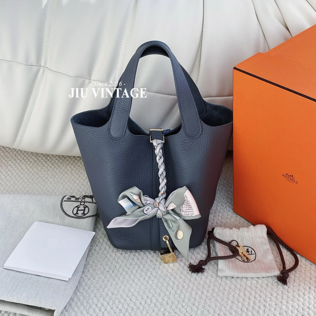 99新 Hermes/爱马仕 雾霾灰金扣菜篮子18 w刻全套JM13-0940