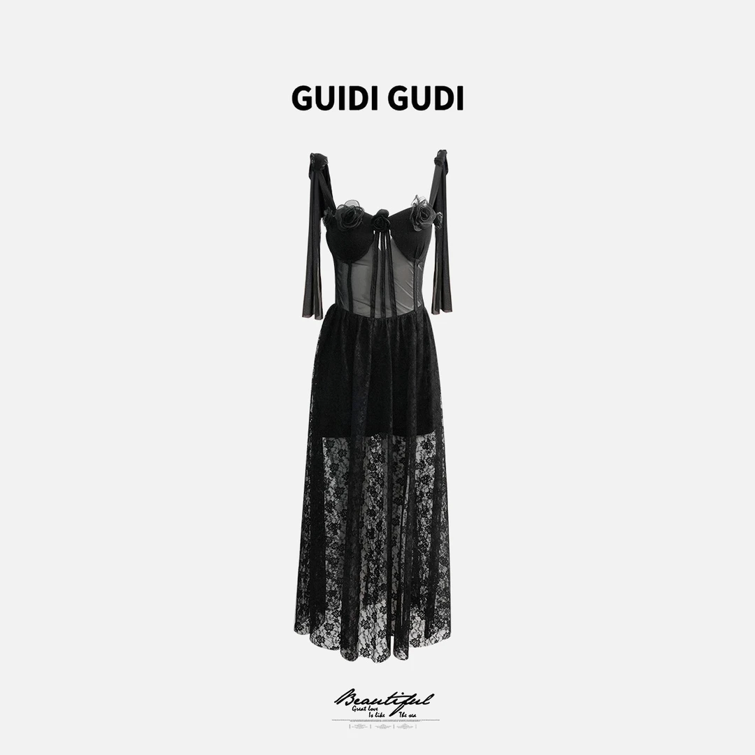 GUIDI GUDI【梦中沉醉】黄加蓝女人味花朵蕾丝吊带连衣裙