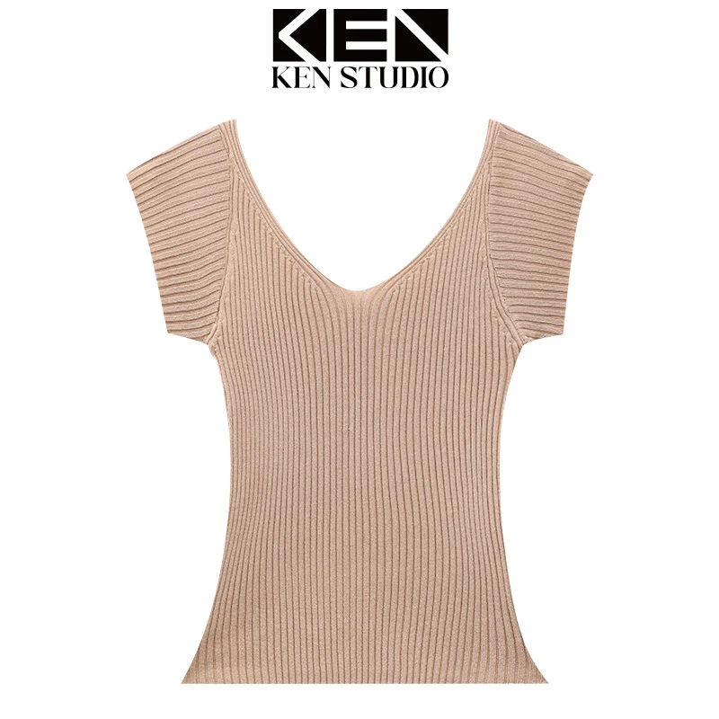 KEN STUDIO夏季气质修身V领显身材显瘦短袖针织衫T恤女内搭上衣