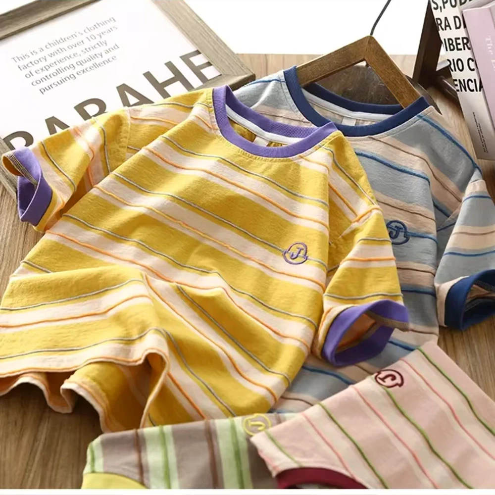 男童短袖T恤夏季新款薄款条纹刺绣时尚简约帅气男孩短袖