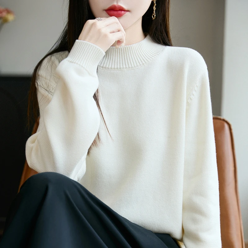 曼德西比利100%纯棉线半高领毛衣女士2025新款秋冬内搭针织打底衫