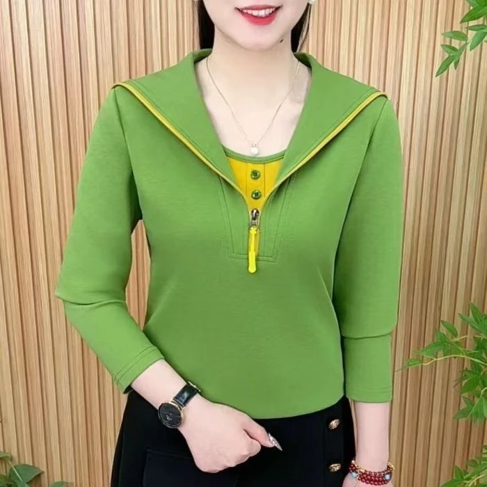 2025春季新款修身拉链上衣拼接撞色假两件长袖t恤女时尚减龄卫衣