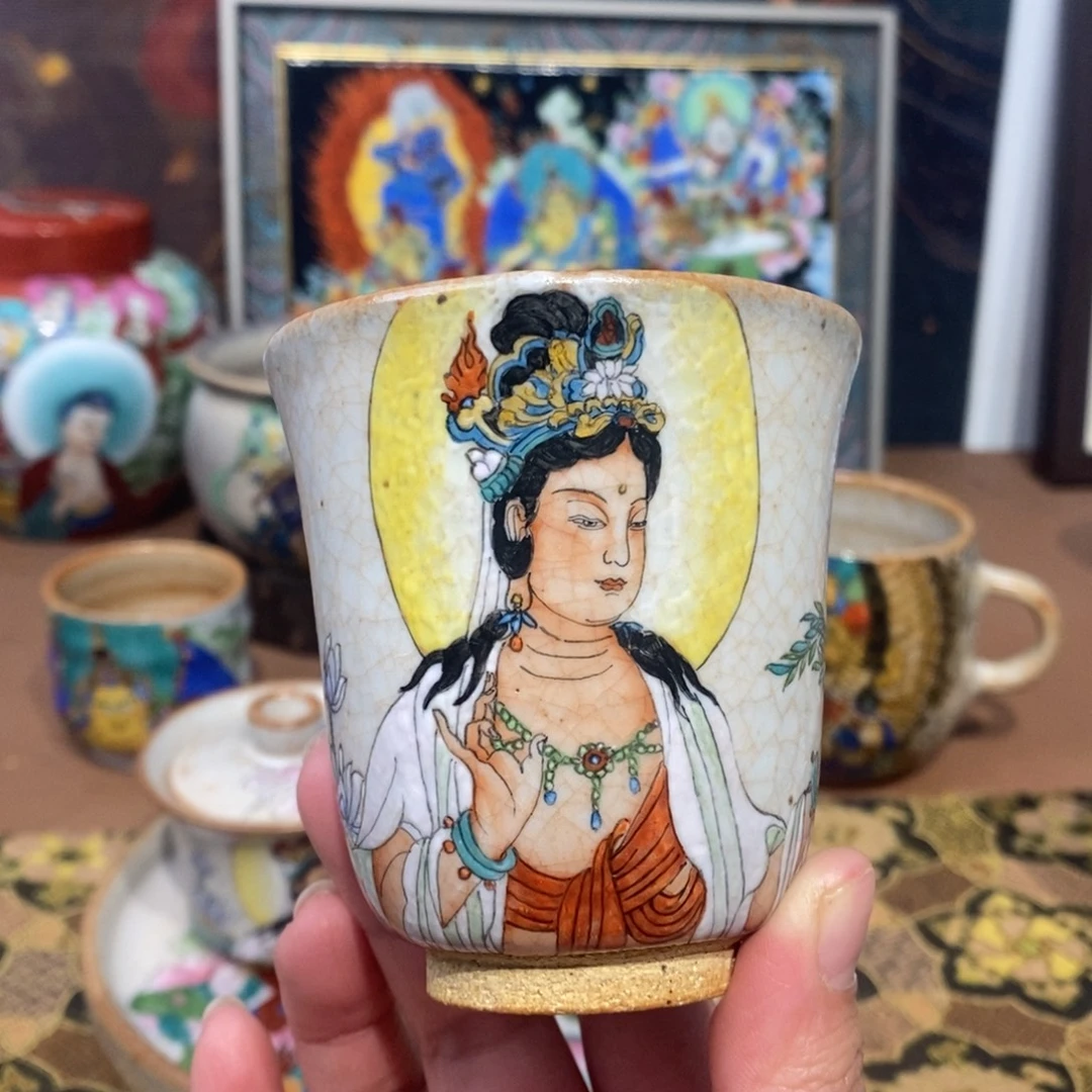 手工手绘白衣观音茶杯